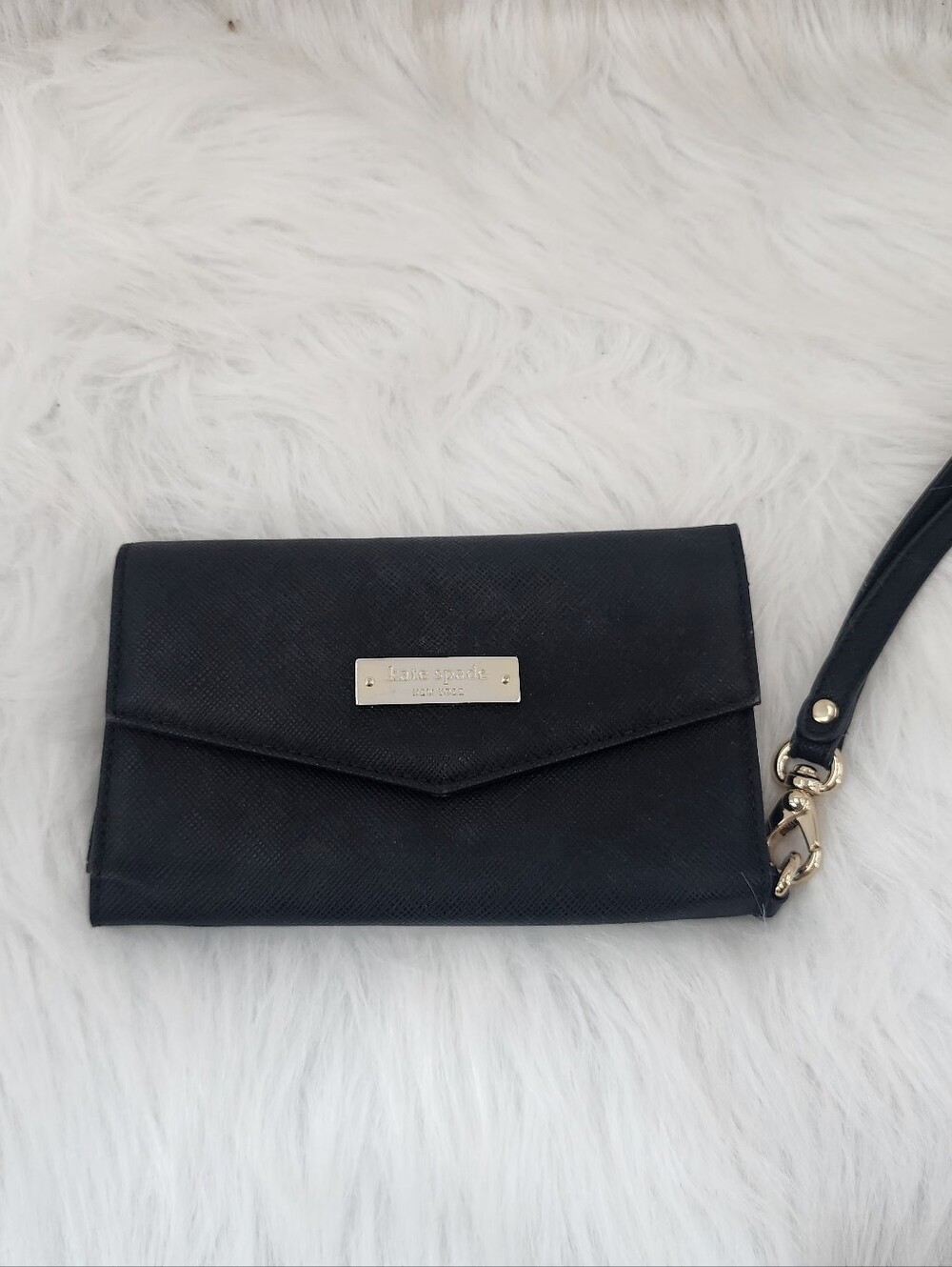 Kate Spade Trifold Wallet Wristlet Black Saffiano Leather Phone Holder - Picture 2 of 6